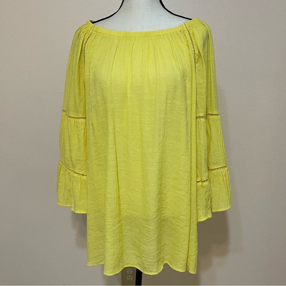 Cato Bright Yellow 3/4 Bell Sleeve Gauzy Tunic Top - Picture 1 of 11